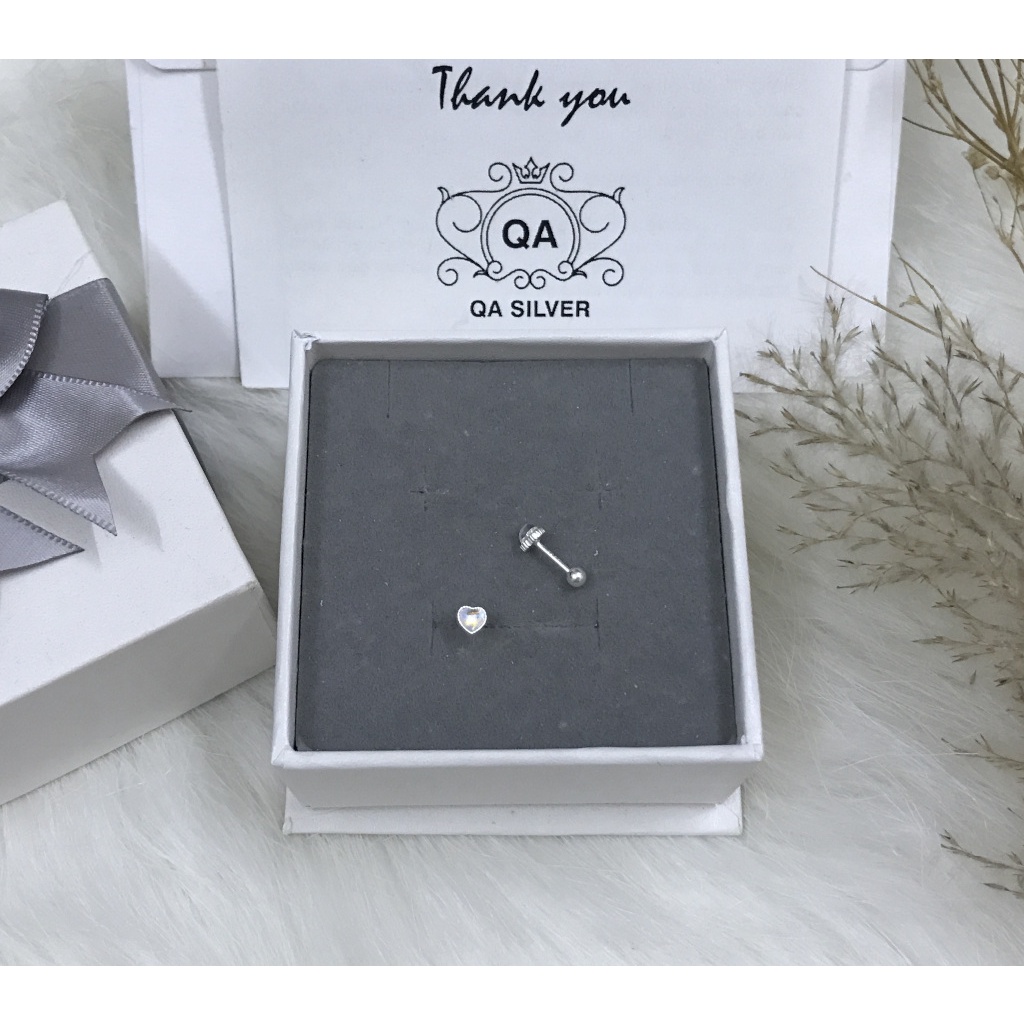 Khuyên tai bạc 925 trái tim đính đá chốt bi vặn ánh xà cừ bông nụ nam nữ S925 HEART QA SILVER Earrings EA220402