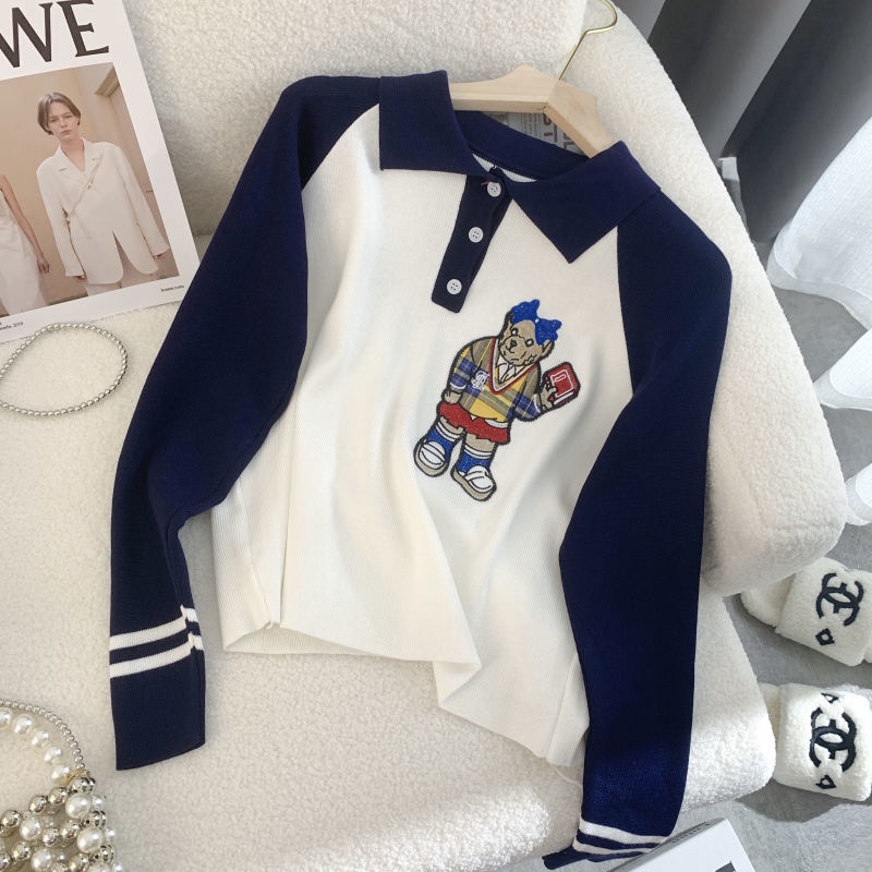 Áo sweater Cổ polo Thêu Hình Gấu Mới Phong Cách Mùa Thu Cho Nữ