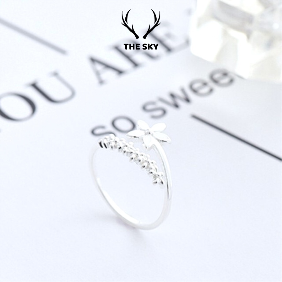 Nhẫn Bạc Nữ THE SKY NB13 Mặt Hình Bông Hoa Cách Điệu Xinh Xắn Freesize
