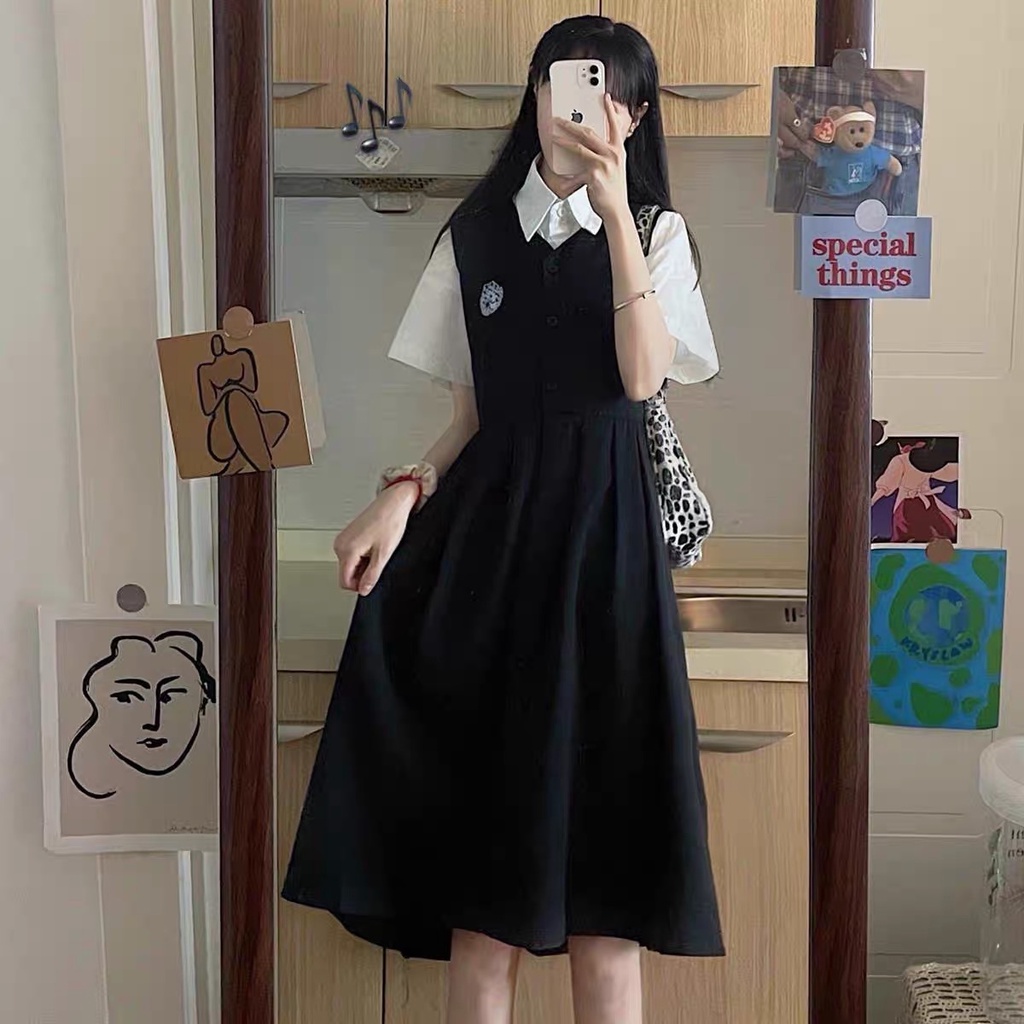 Set áo sơmi và váy yếm dài đồng phục học sinh, set uniform màu đen xám đáng yêu, set đồ học sinh