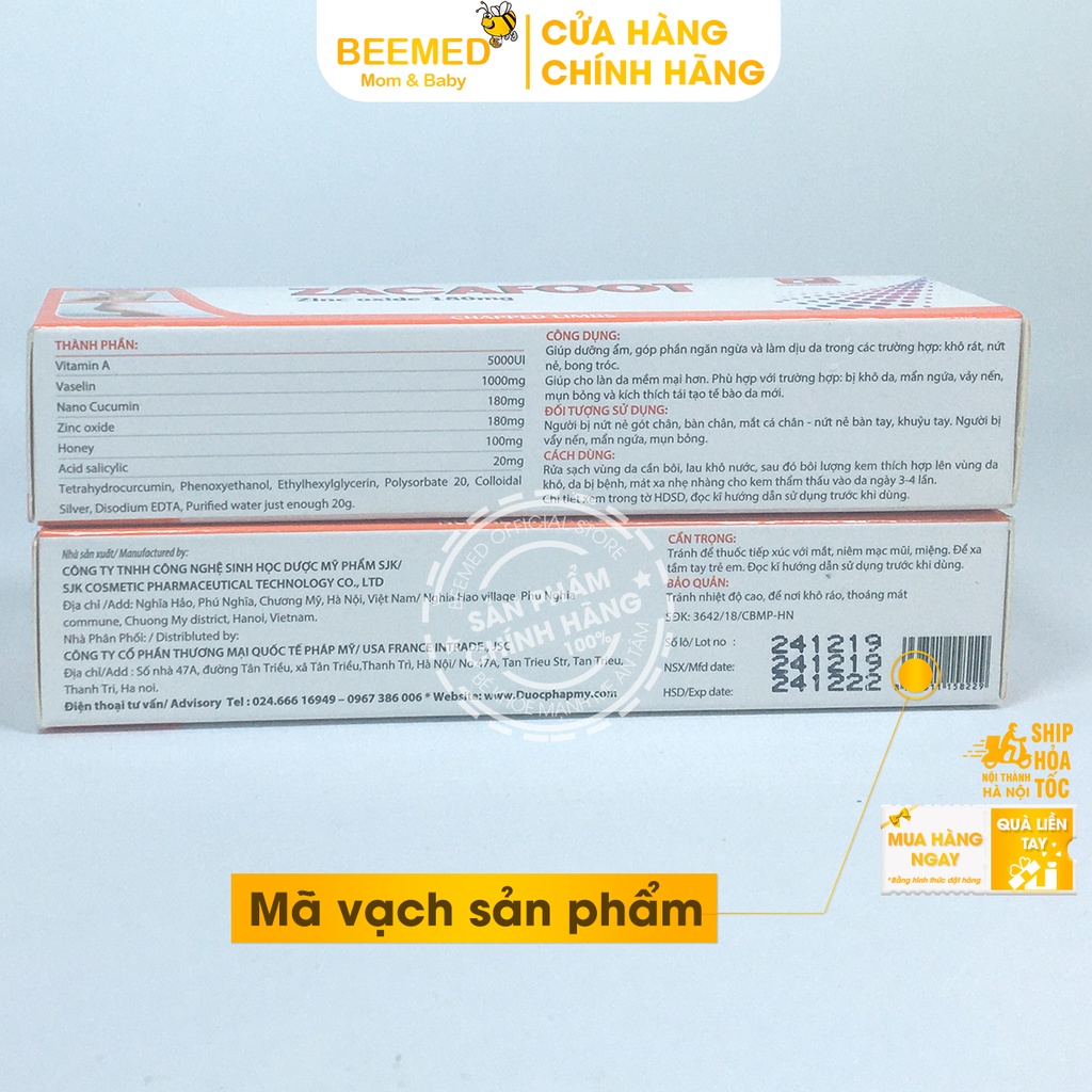 Kem gót chân tay từ Kẽm Oxyd Zacafoot, dưỡng ẩm giảm nứt nẻ ,tinh chất nghệ Nano Curcumin, mật ong và vaseline