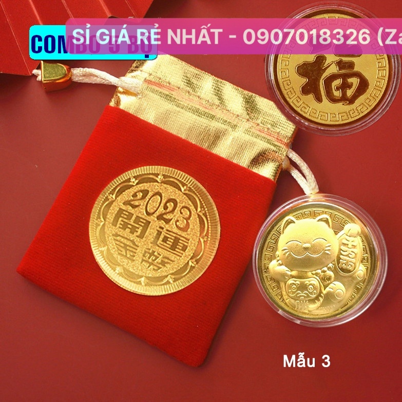 COMBO 10 Đồng Xu Hình Mèo Vàng , tặng túi gấm đỏ 2023 - Mẫu 3