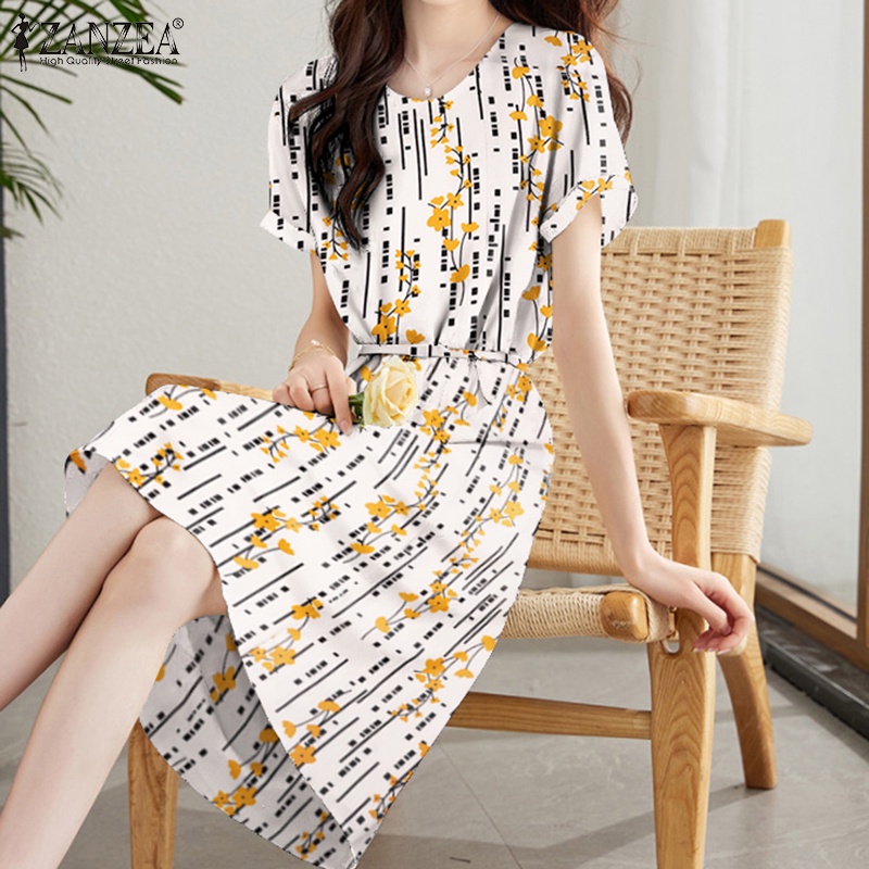 Đầm midi Zanzea ngắn tay cổ tròn họa tiết sọc thời trang nữ