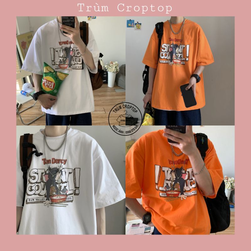 Áo Thun Tay Lỡ In Hình TOM 2 Màu Cam - Trắng , Áo Phông Nam Nữ Unisex Basic