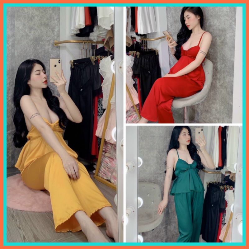 Siêu rẻ ☘️☘️Đồngủ lụa quần dài 2 dây phối nơ lụa satin dễ thương
