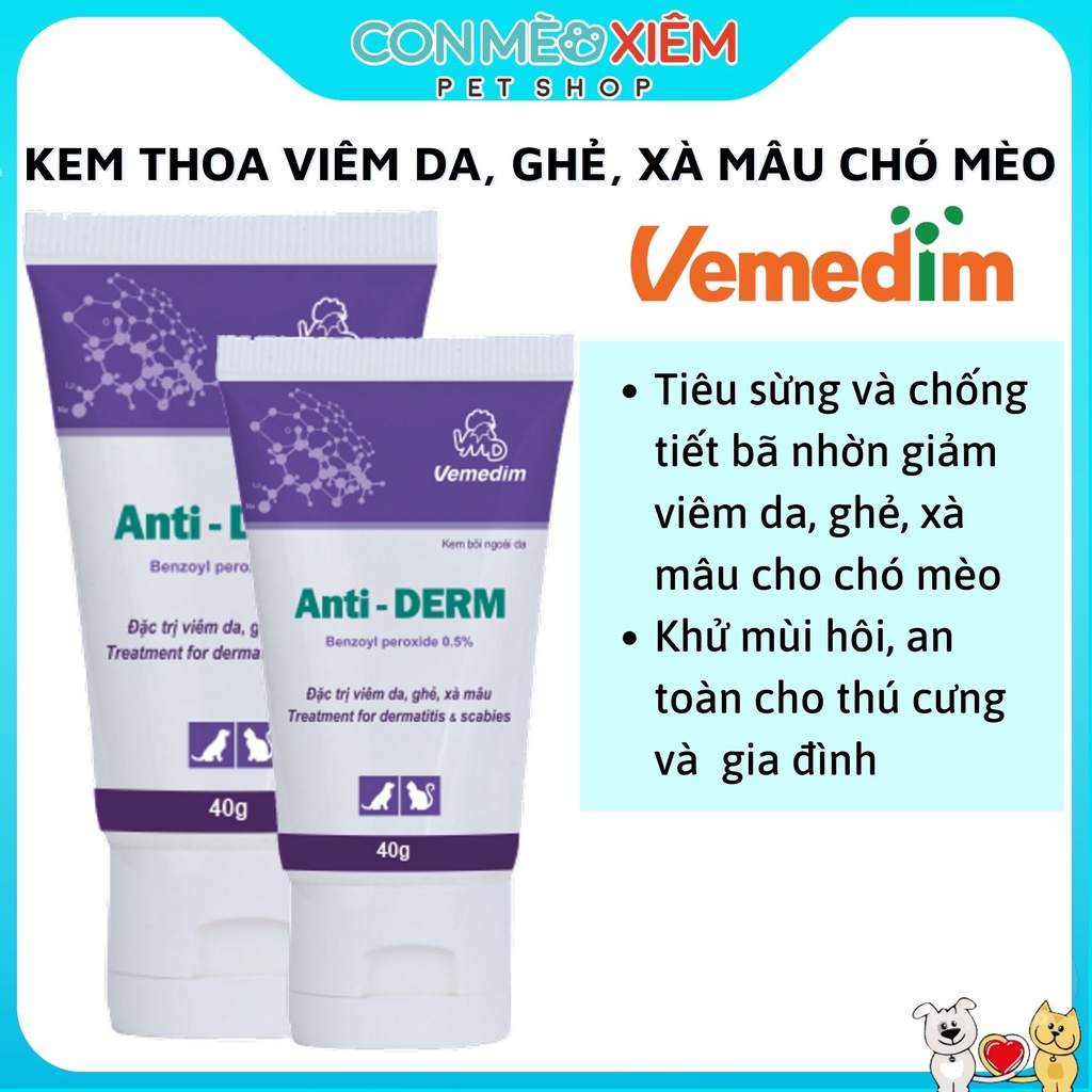 Kem thoa chó mèo viêm da ghẻ Vemedim anti derm 40G, chăm sóc lông thú cưng Con Mèo Xiêm