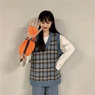 Áo gile len nữ xanh kẻ caro màu xanh kẻ sọc caro basic xinh xắn cổ V Hàn Quốc có size