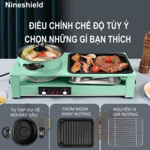 Bếp lẩu nướng 2 mâm nhiệt Nineshield DK-303 tích hợp vừa nướng vừa lẩu có 2 nút diều khiển riêng biệt.