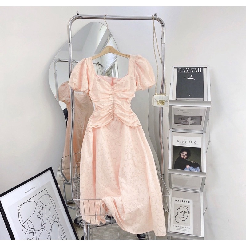 Đầm midi hoa nổi nhún rút tay phồng hồng🌟✨
