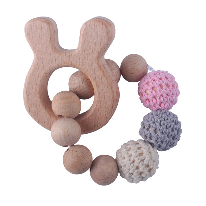 Bnvn 5# Wooden Rattle Beech Bear Hand Teething Ring Baby Rattles Play Stroller Toy Bnvv