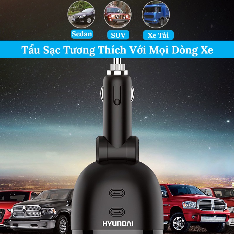 Tẩu Sạc Ô Tô Hyundai HY-16 Chính Hãng, Chia Ra 2 Cổng Tẩu Và 2 Cổng Sạc USB, Có Màn Hình LED Hiển Thị Điện Áp CARZONE