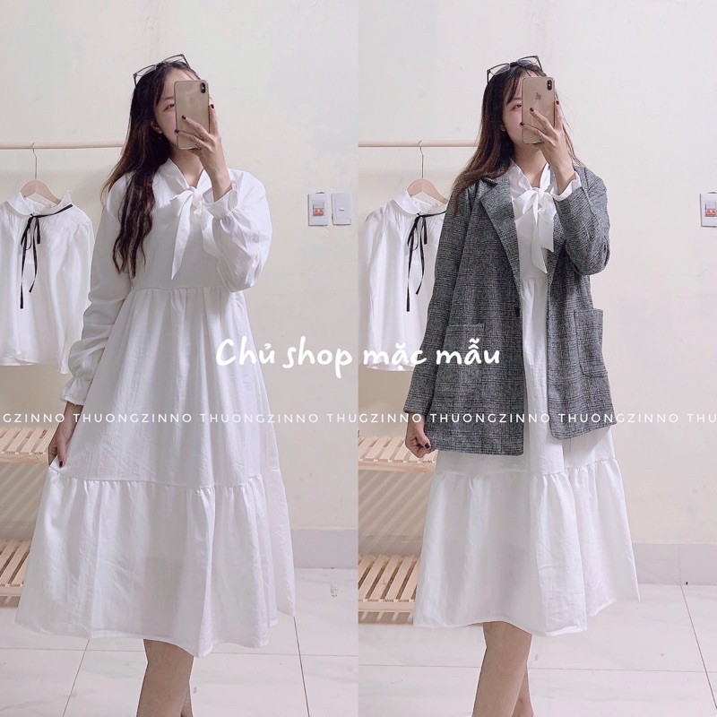 [Ảnh thật/Video] Váy babydoll trắng nơ cổ phong cách ulzzang Váy trắng tiểu thư 2 lớp | BigBuy360 - bigbuy360.vn