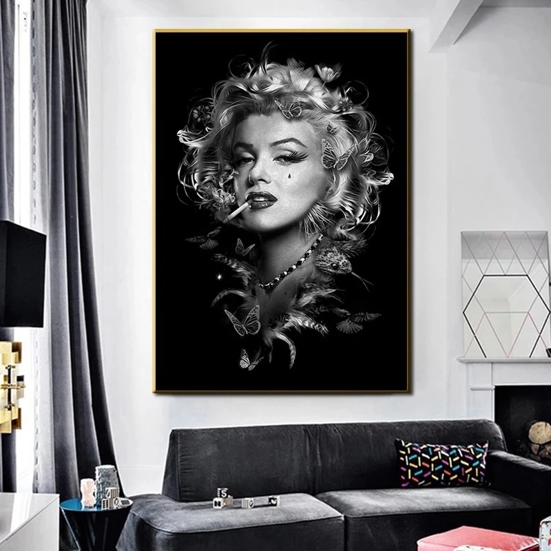 Tranh Vải Bạt Treo Tường In Hình Cô Gái Hút Thuốc marilyn monroe Trắng Đen Trang Trí Nhà Cửa