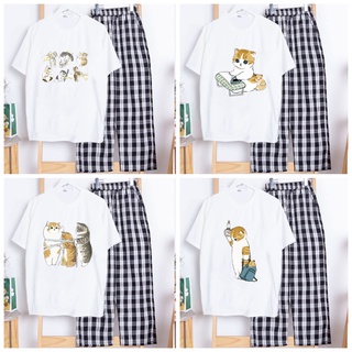 Sét Bộ Đồ Quần Ống Rộng Kẻ Caro Đen + Áo Phông Trắng Nữ Mặc Ở Nhà Đi Chơi In Họa Tiết 3D Chú Mèo Cute 18 - FANI