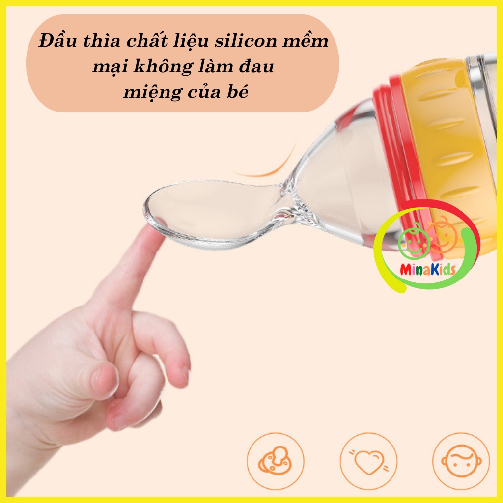 Bình Thìa Ăn Dặm Silicon Siêu Mềm Đút Cháo Cho Bé Dung Tích 90ml Có Nắp Chống Tràn Tiện Lợi An Toàn BAD02 Minakids