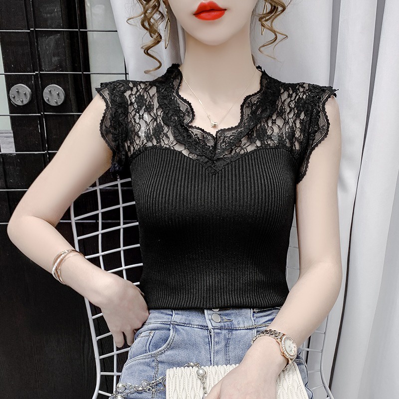 Áo Dệt Kim Sát Nách Cổ Chữ V Phối Ren Quyến Rũ Hợp Thời Trang