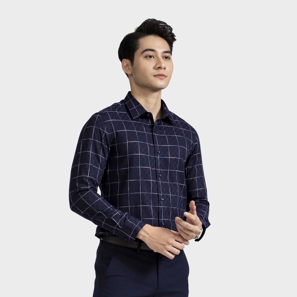 Áo sơ mi nam dài tay ARISTINO phom dáng slim fit, họa tiết kẻ trắng trên nền xanh tinh tế, lịch lãm - ALS07602
