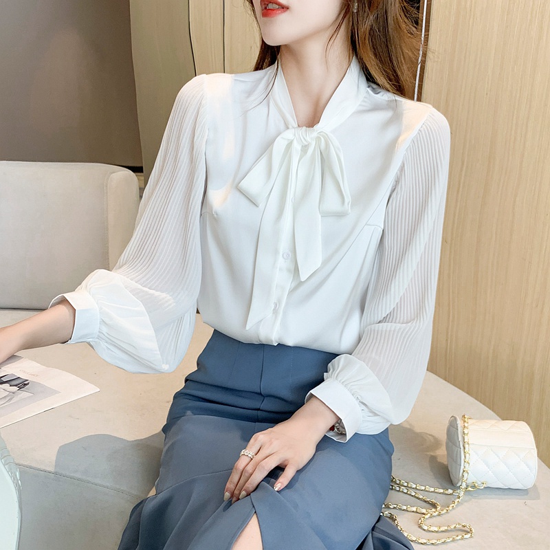 (MỚI) Áo kiểu chất chiffon tay dài phối nơ thiết kế thanh lịch