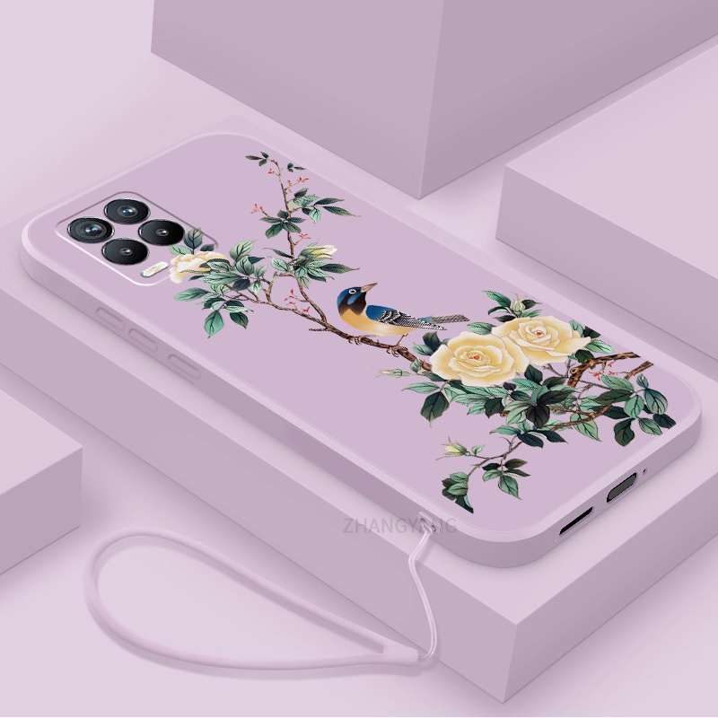 Ốp Điện Thoại TPU Mềm Họa Tiết Hoa Và Chim Có Dây Đeo Cho Realme 8 8 pro