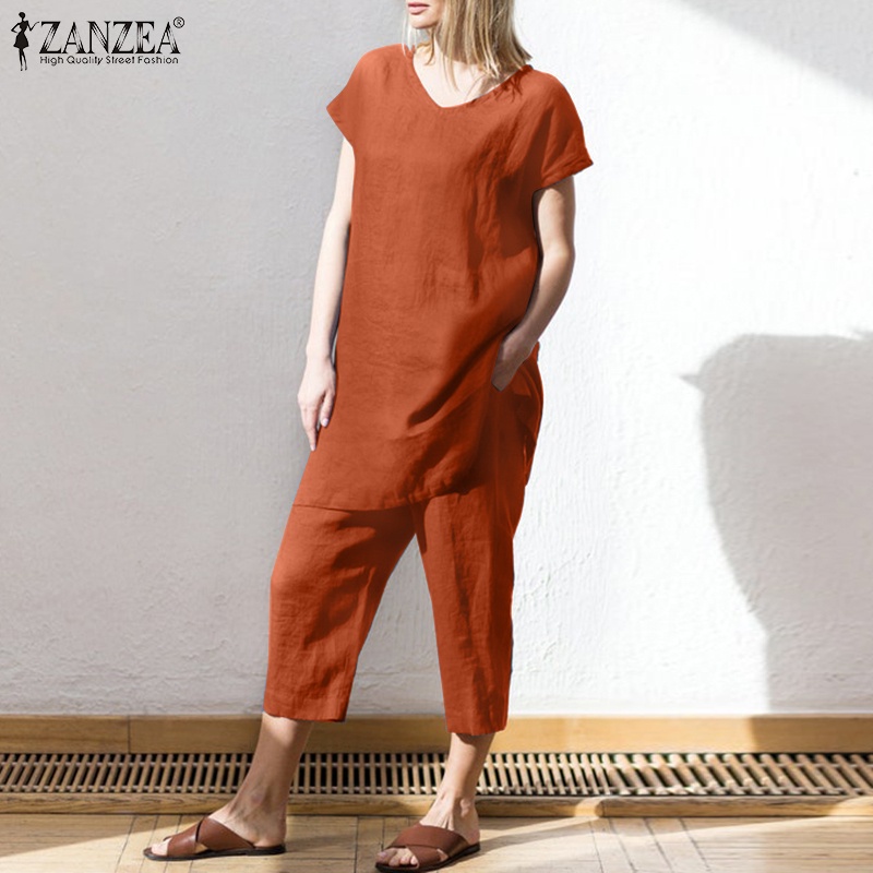 Set đồ ZANZEA gồm áo thun ngắn tay cổ chữ V và quần dài ống rộng thời trang dành cho nữ