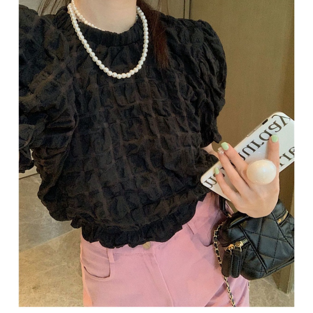 Áo Kiểu Tay Phồng Cổ Tròn Dáng Rộng Thiết Kế Đơn Giản Thời Trang Hàn Quốc Dễ Phối Đồ