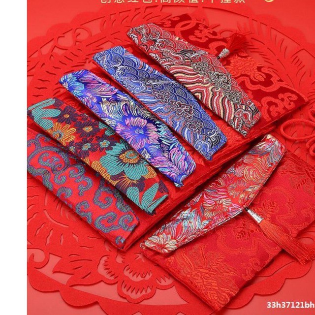 Lì xì vải gấm cao cấp dập vân nổi - Tua rua đính ngọc, bao lì xì vải gấm thêu chỉ nổi , bao lì xì tết