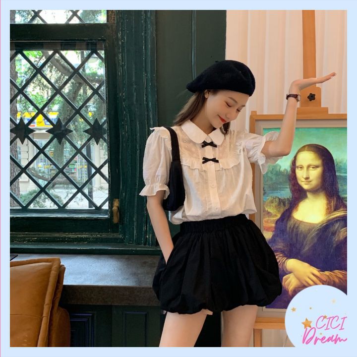 Áo sơ mi nữ trắng dài tay đính nơ cổ đứng babydoll bo chun, Áo sơ mi nữ trắng dài tay bồng cổ buộc nơ siêu xinh
