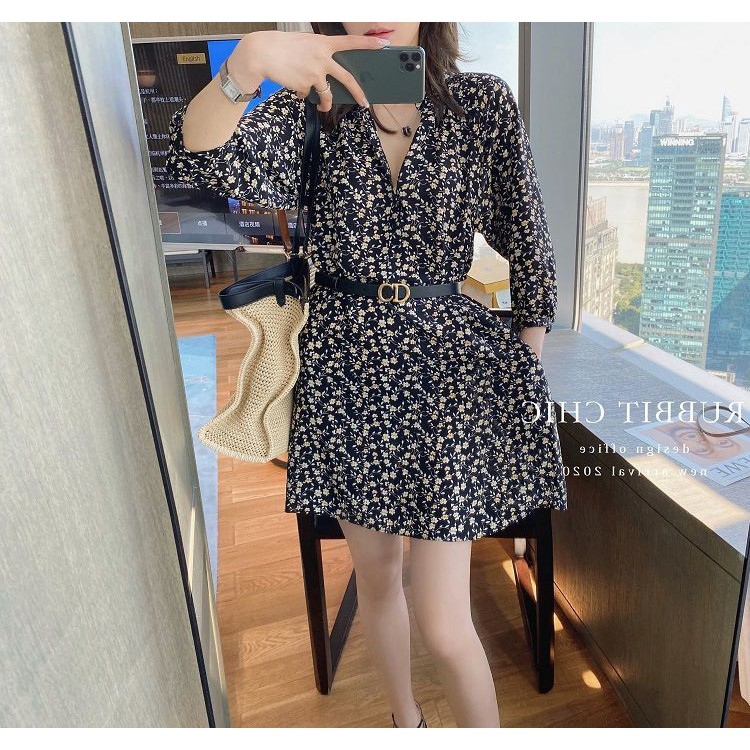 Váy Đầm Hoa Nhí Tay Dài Nhấn Eo Thời Trang Cao Cấp 2022 Cho Nữ Tặng Thắt Lưng