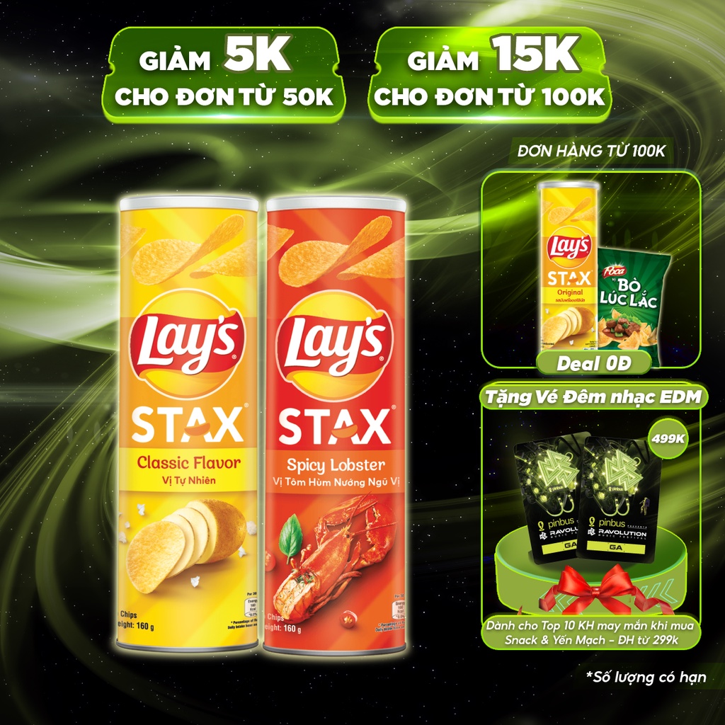 Combo 2 Bánh snack khoai tây miếng Lay's Stax Mix vị 160g: Tôm hùm nướng ngũ vị và Tự nhiên