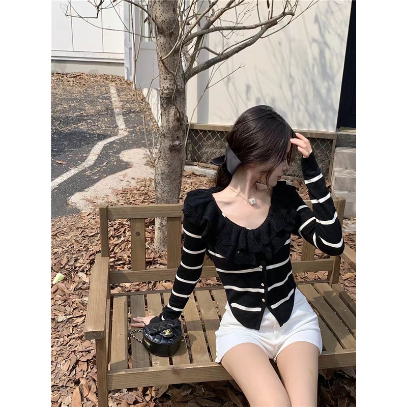 Áo sweater Dệt Kim Tay Dài Cổ Lá Sen Màu Sắc Ngọt Ngào Thời Trang Cho Nữ