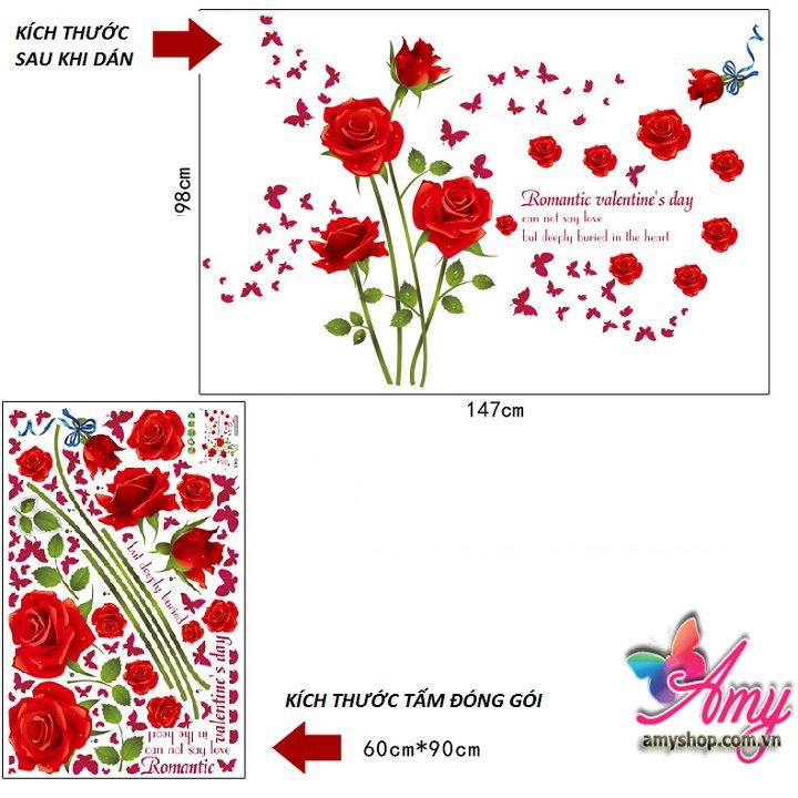 Decal Trang trí phòng đường  Hoa hồng Romantic ( 1,8m2)