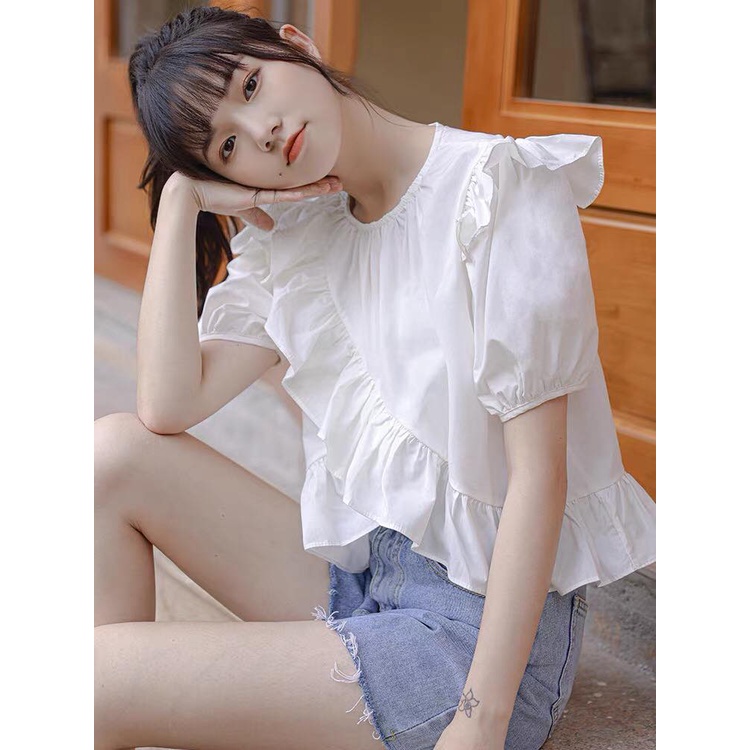 Áo sơ mi bèo chéo nữ cộc tay Ylydress màu trắng xanh freesize form rộng đi học đi làm công sở phong cách hàn quốc C468
