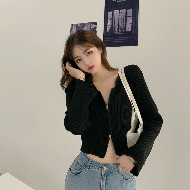 Áo Croptop tay dài dáng ôm body cổ tim chất len tăm có dây kéo phong cách Ulzzang nhiều màu