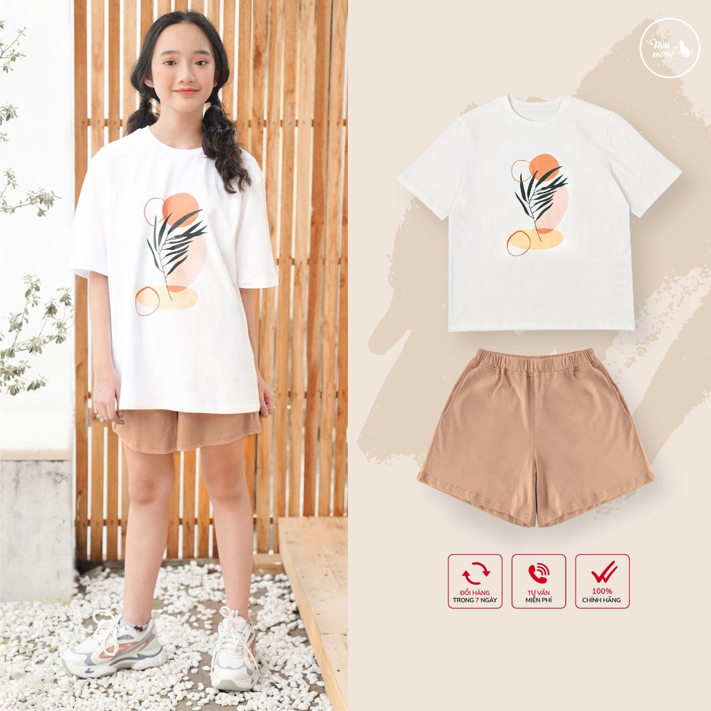 Quần Áo Trẻ Em Gái Size Đại Miss Meow, Bộ Cotton Bé Dáng Rộng Màu Trắng In Hình Trừu Tượng 12-15