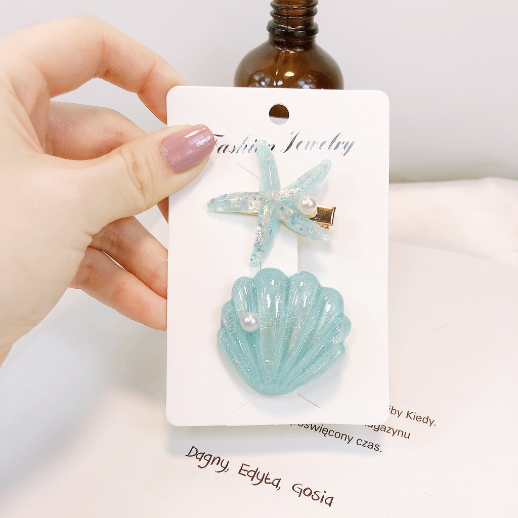 Kẹp tóc vỏ xò san hô đính ngọc trai nhân tạo [ SEt 2 Chiếc ] [ MÃ C101 ]