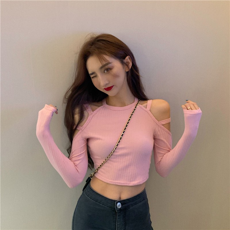 Áo thun tay dài trễ vai dây hở vai croptop ôm body cổ tròn ulzzang ( 4 màu )