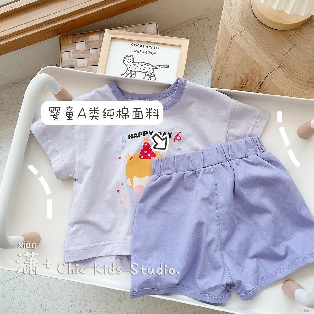 Set Áo Thun Tay Ngắn In Họa Tiết Hoạt Hình + Quần Short Phong Cách Hàn Quốc Cho Bé Gái