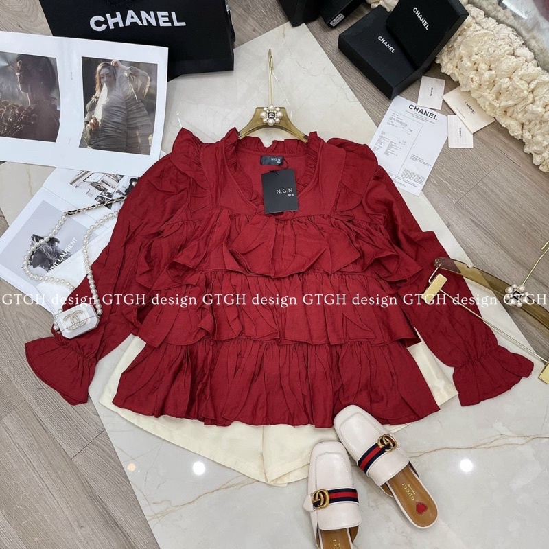 ÁO BABY DOLL ĐỎ TẦNG CỔ V MS22910