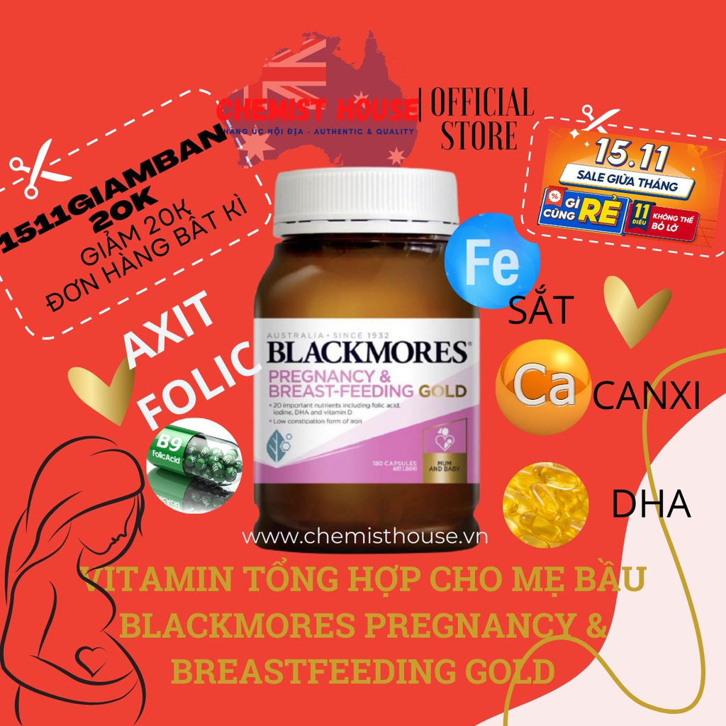 [Hàng chuẩn Úc] Vitamin tổng hợp cho mẹ bầu Blackmores Pregnancy & Breastfeeding Gold (DHA, Canxi, Sắt, Acid Folic)