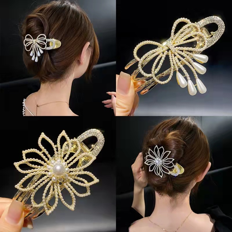 Kẹp Tóc Mỏ Vịt Xoăn Đính Kim Cương & Ngọc Trai Kiểu Hàn Quốc Cho Nữ