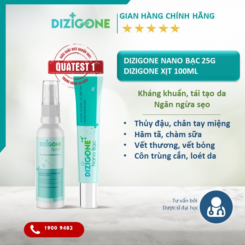 [COMBO] Xịt Dizigone Spray 100ml &amp; Kem Bôi Dizigone Nano Bạc - Kháng Khuẩn, Lành Vết Thương, Tái Tạo Da, Ngăn Ngừa Sẹo.