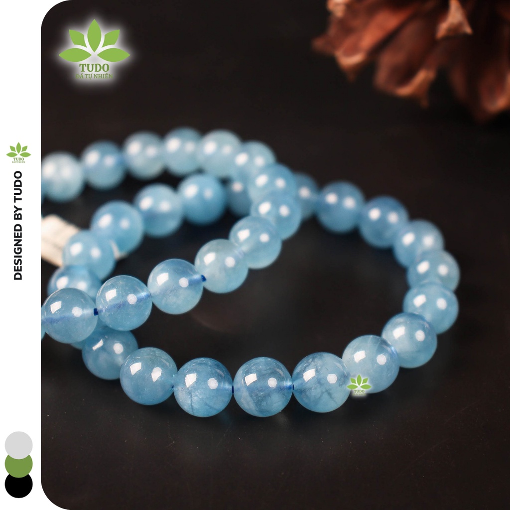 Vòng Tay Nữ phong thủy TUDO Aquamarine loại A++ xanh dương tự nhiên, tròn trơn, có kiểm định, cho nữ mệnh Thủy Mộc