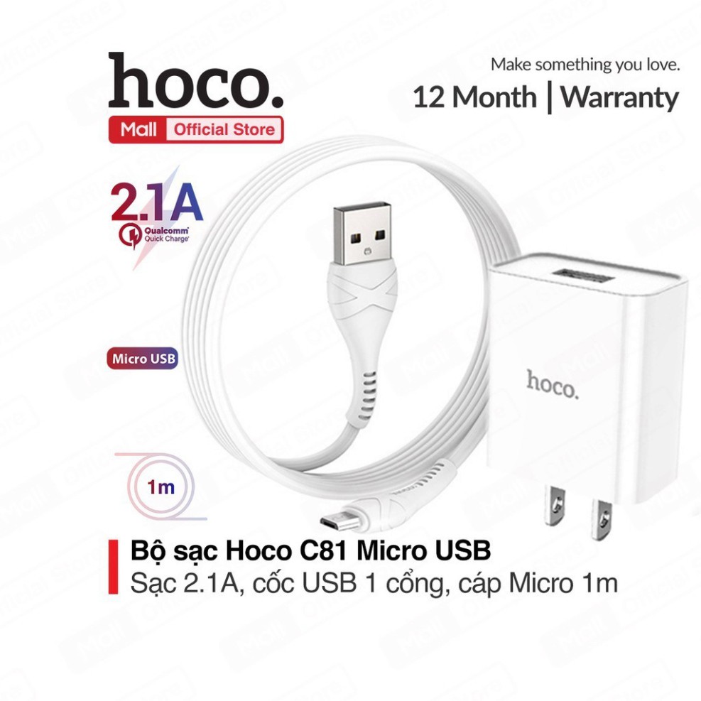 Bộ sạc Hoco C81 Micro USB sạc nhanh 2.1A Max, chân cắm tiêu chuẩn ( cốc kèm cáp Micro )