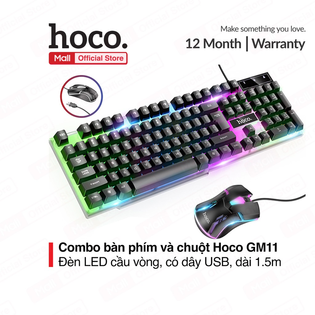 Combo Bàn phím và Chuột Hoco GM11 có dây, đèn LED RGB cầu vòng bắt mắt, 104 phím, chơi game hay làm việc rất thích
