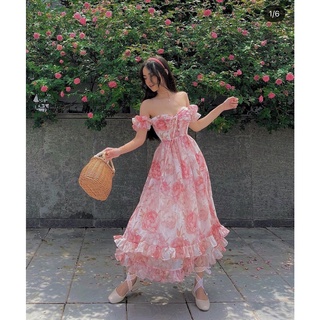 Đầm maxi bẹt vai tầng