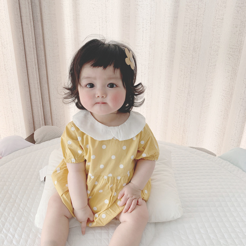 Bộ Áo Liền Quần Chấm Bi Màu Vàng Cho Bé Gái