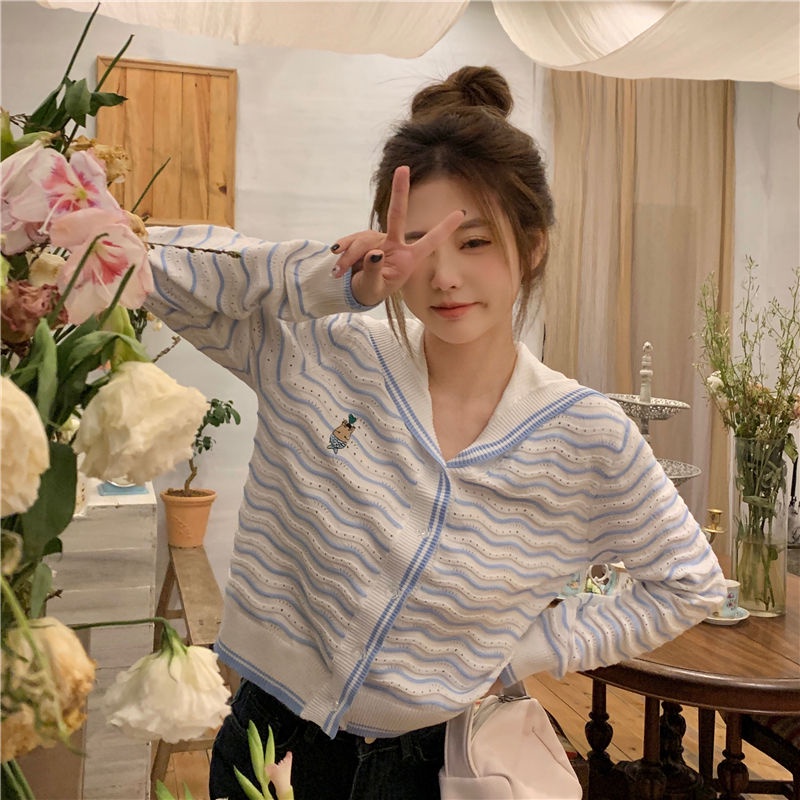 Áo cardigan ZHELIHANGFEI dệt kim tay dài cổ thủy thủ kẻ sọc dáng rộng dễ phối đồ