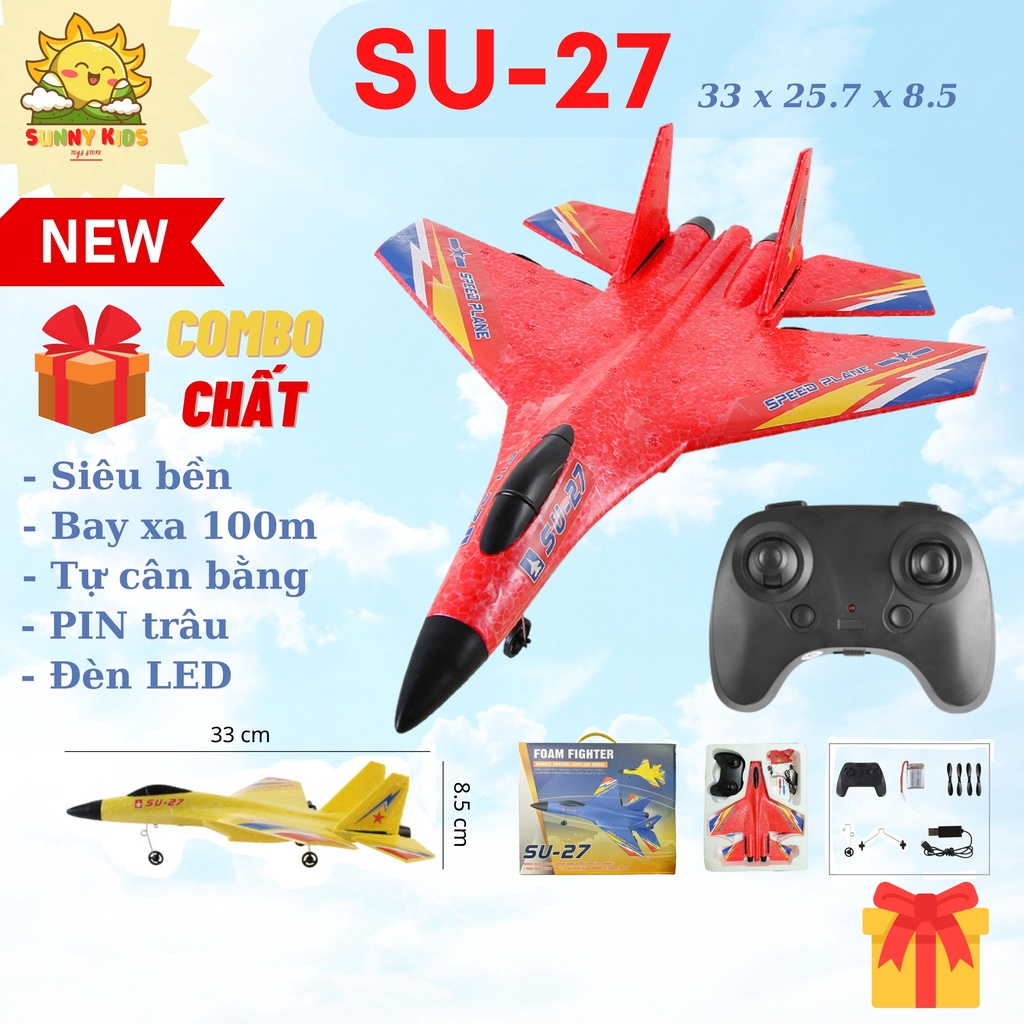 Máy bay chiến đấu điều khiển từ xa SU-27, vật liệu xốp nhẹ siêu bền chống va đập, tầm bay xa 100m, PIN 20p - Sunny Kids