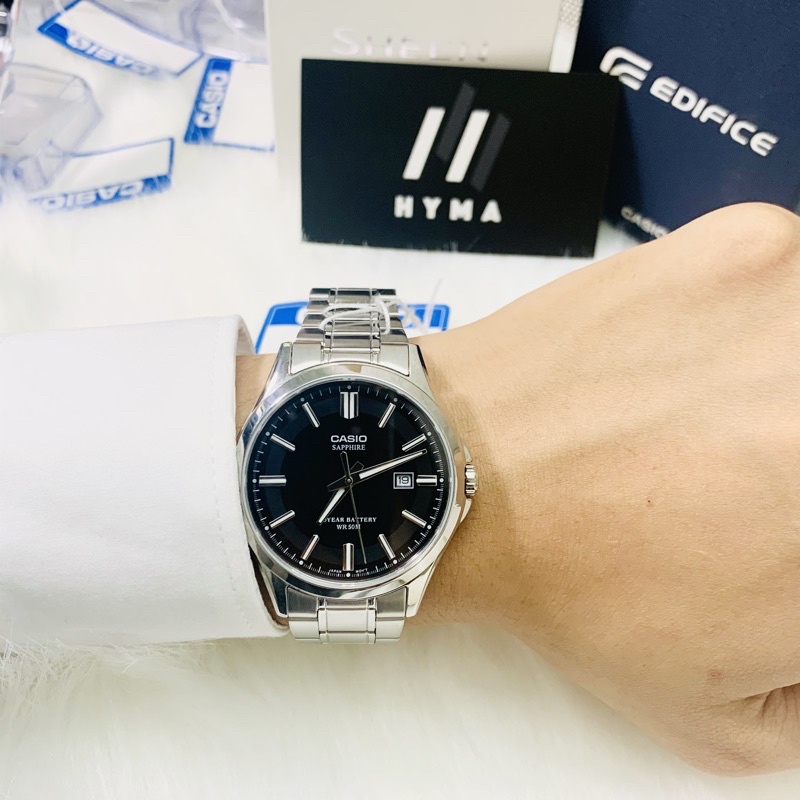 Đồng hồ nam dây thép mặt đen Casio MTS 100D-1AV kính Sapphire -  Pin 10 năm Bảo hành 1 năm Hyma watch