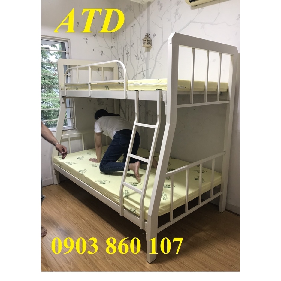 Giường tầng sắt hộp vuông gia đình trẻ em màu kem sơn dày tĩnh điện cao cấp đủ kích thước freeship HCM